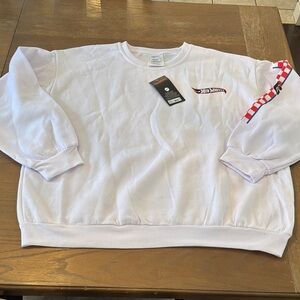 Mattel White Crewneck Men's Sweater with Red Checkered Sleeve hot wheels